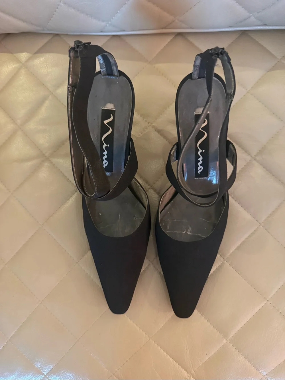 Nina Black Pointed Slingback Pumps with Ankle Strap